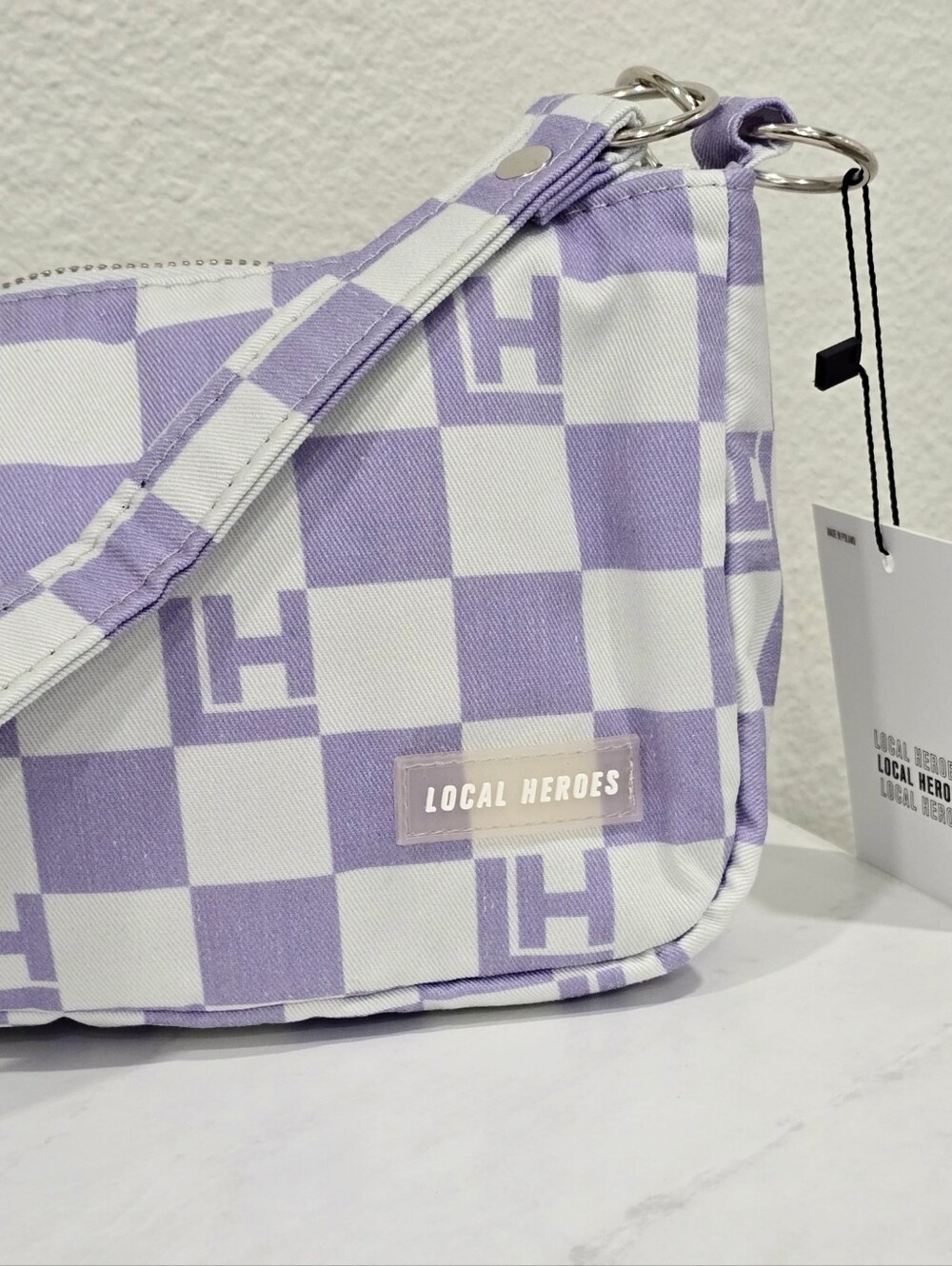Local Heroes ✦ Vichy Checkered Baguette Bag ✦ Purple White Logo Shoulder Bag NWT - Picture 8 of 11